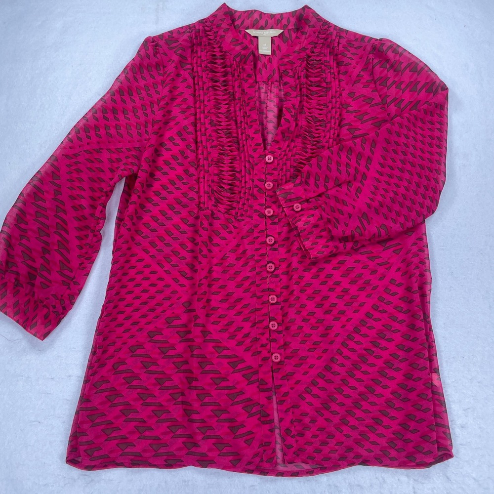 Banana Republic Pink Geometric Diamond Ruffle Front Blouse Medium Long Sleeve